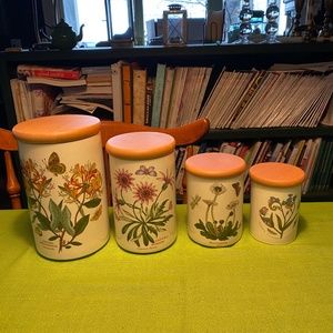 Set of 4 Portmeirion Botanic Garden canisters with beechwood lids